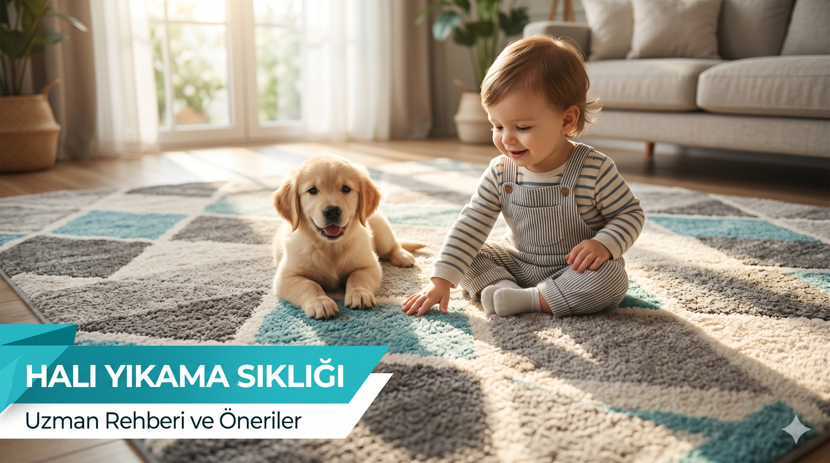 Halı üzerinde oturan bebek ve köpek yavrusu