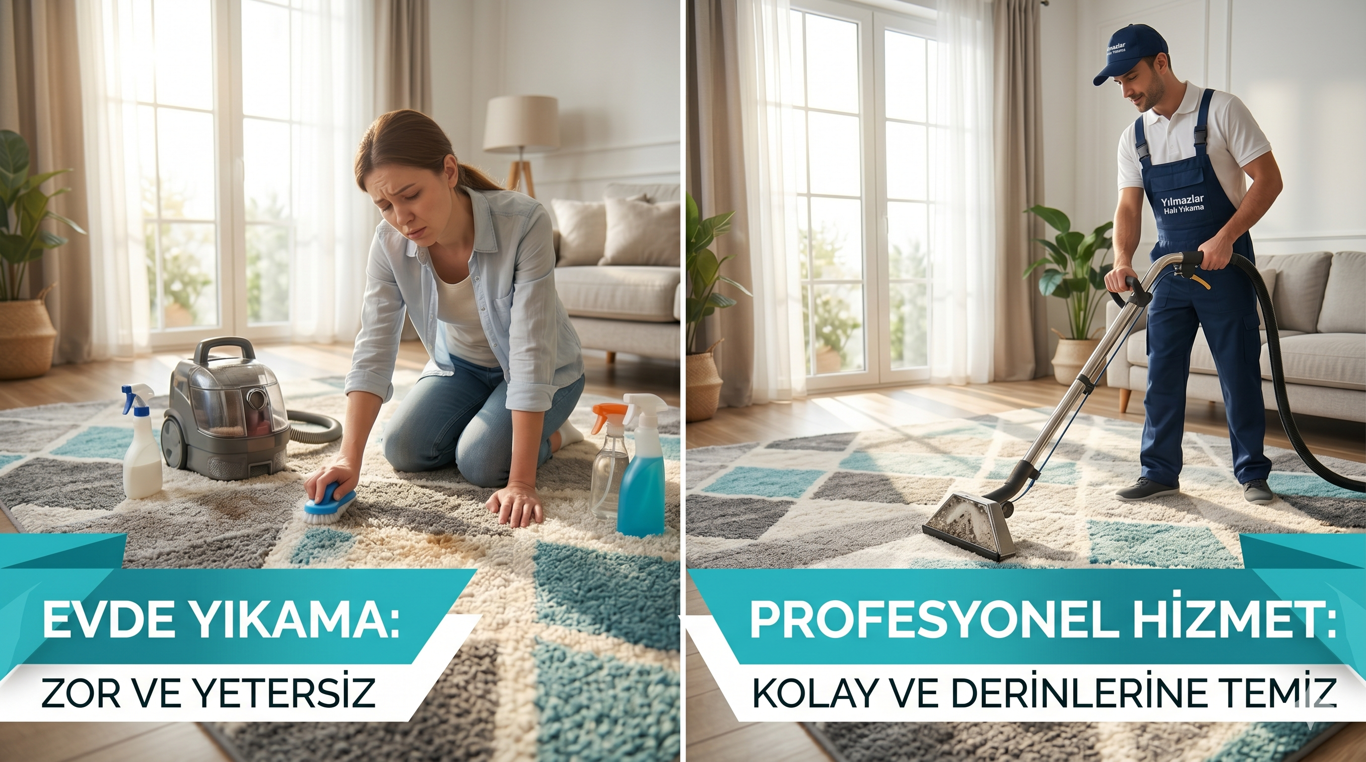 Profesyonel halı yıkama ve evde yıkama karşılaştırması